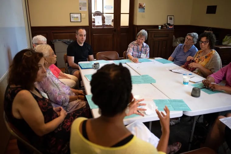 At the Unitarian Society of Germantown, the Ending Racism Committee meets at the church in Mt. Airy,  on Sunday, August 4, 2019. The group gathers on the first Sunday of every month to discuss race relations.