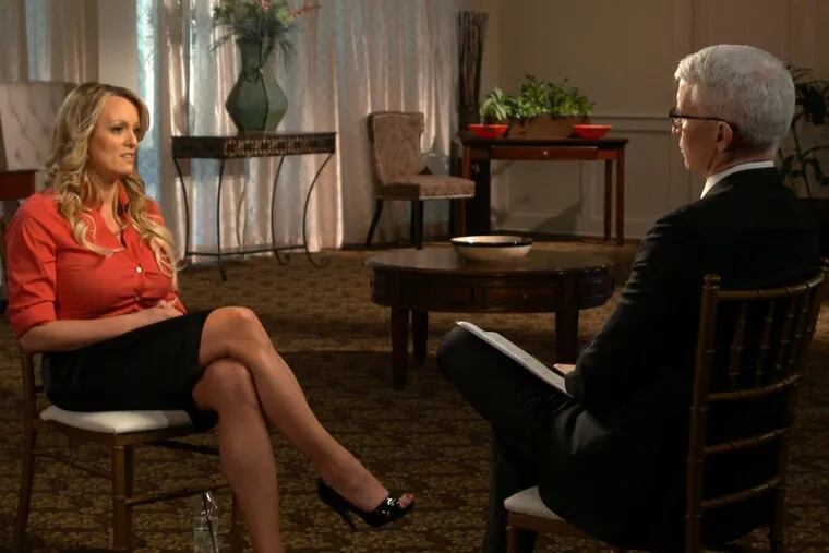 This image released by CBS News shows Stormy Daniels (left)  during an interview with Anderson Cooper that aired on Sunday on CBS’s “60 Minutes”