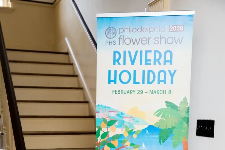 A poster from the Pennsylvania Horticultural Society's reveal party for its 2020 Philadelphia Flower Show theme, Riviera Holiday.