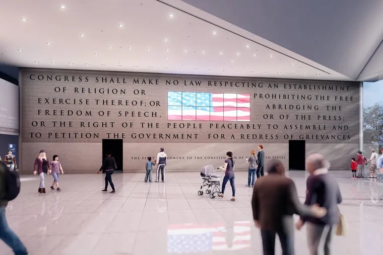 A rendering of the First Amendment tablet as it will appear when installed at the National Constitution Center. Out the window to the right is Independence Hall.