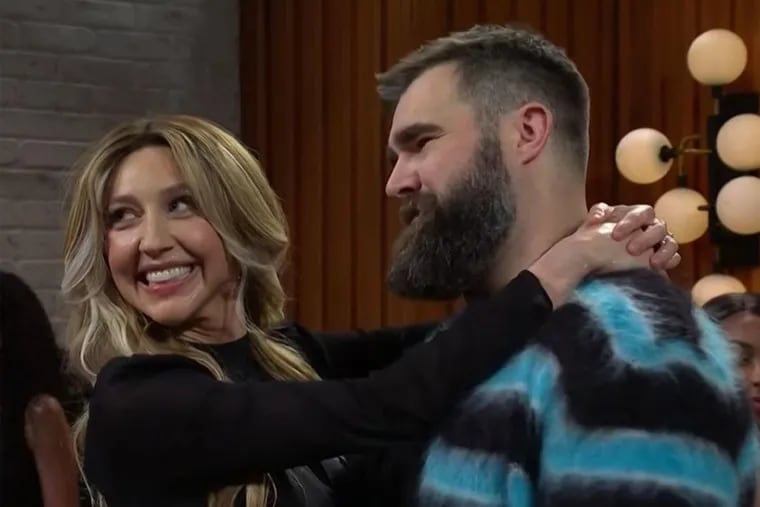 Eagles center Jason Kelce and "Saturday Night Live" cast member Heidi Gardner during a skit in last night's episode hosted by Travis Kelce.