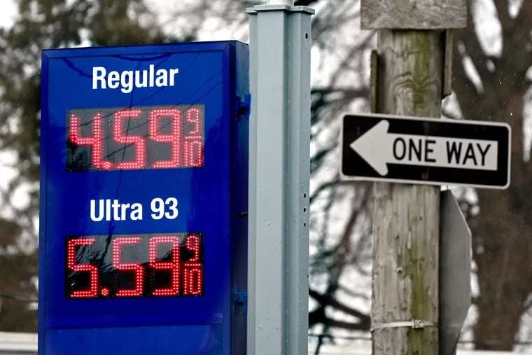 A gas station at Greene St. and Queen Lane offers their product for $4.59 for self-serve regular unleaded and  $5.59 for ultra premium on March 7.
