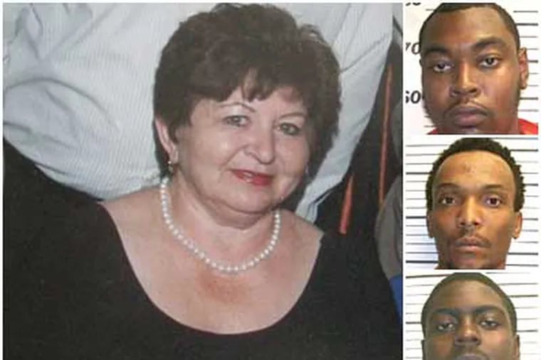 The body of Lyudmila Burshteyn, 57, left, of Philadelphia, was found in a South Jersey farm field. Right (top down): Robby Willis, Damon Williams and Marcus White have been charged in her murder.