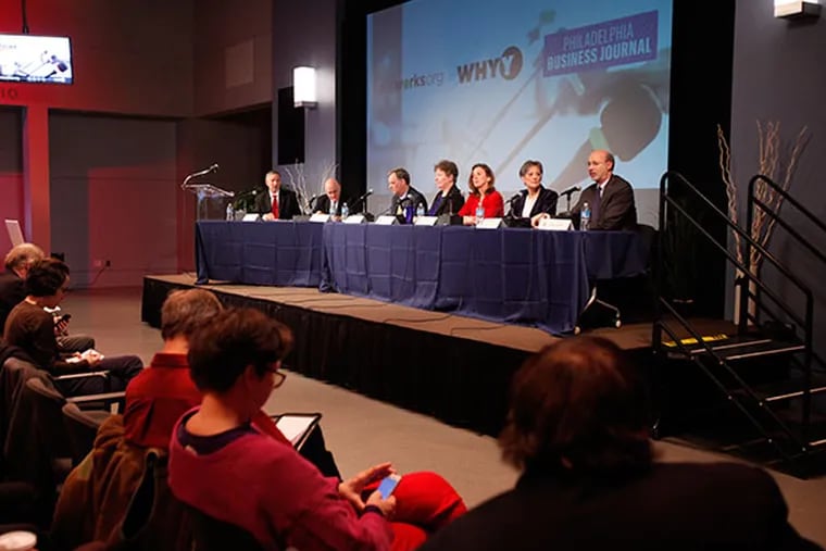 (Left to right) John Hanger, Jo Ellen Litz, Kathleen McGinty, Allyson Schwartz and Tom Wolf, five of the seven dmocrats hoping to unseat Tom Corbett, gathered at the WHYY studios in Philadelphia for a forum where they discussed issues they felt are most important to the citizens of Pennsylvania Tuesday, February 4, 2014.  (ED HILLE / Staff Photographer )