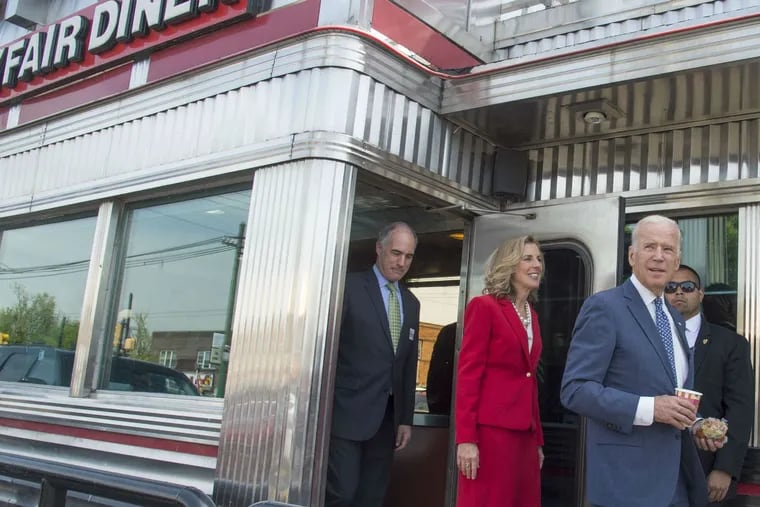 Vice President Biden, Democratic Senate candidate Katie McGinty, and Sen. Robert Casey Jr. leave the Mayfair Diner.