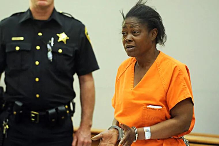 Antoinette Pelzer responds during her arraignment Tuesday in court in Atlantic County on charges that she stabbed two Canadian women on Monday outside of Bally’s Atlantic City. DANNY DRAKE / Press of Atlantic City