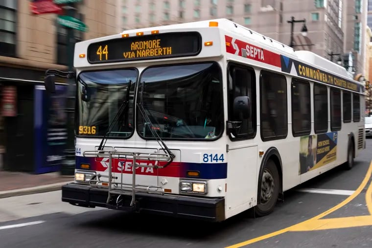 The Route 44 bus travels down Market Street in Philadelphia. SEPTA has rolled out proposed new bus routes designed to provide faster service, with less time between buses.