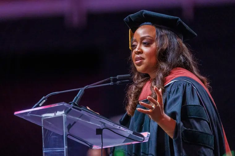 Commencement speaker Quinta Brunson speaks to graduates at the 137th Commencement, Temple University, Liacouras Center, Wednesday, May 8, 2024.