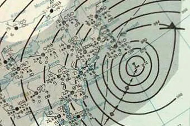 Weather map from the March 2, 1960 nor'easter that crippled parts of the East Coast. (WikiMedia Commons)