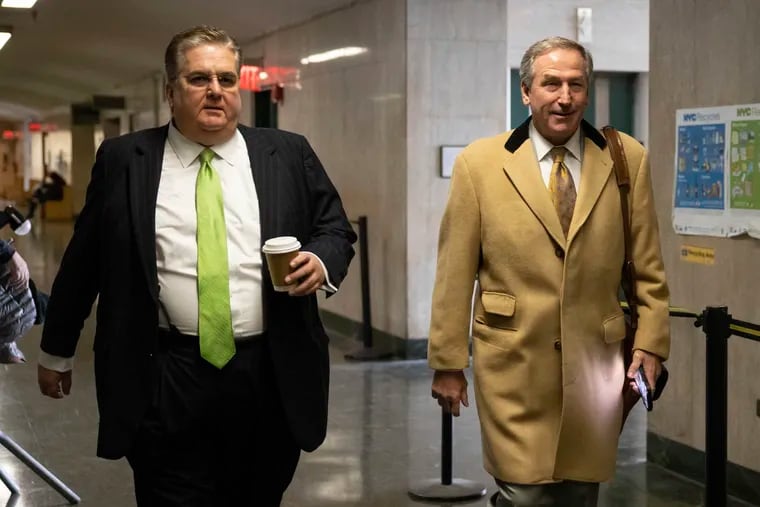 Trump Organization Attorney Michael van Der Veen, right, arrives to the courtroom in New York with Bill Brennan, left, also a former Trump lawyer. They two hosted a fundraiser last week for Northeast Philly Democrat Sean Dougherty.