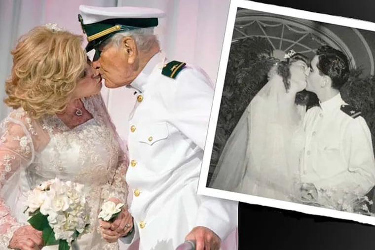 Smooches then and now: Ralph J. and Suzanne Roberts on their wedding day in 1942 and at their 70th anniversary gala.
CLEM MURRAY / Staff Photographer