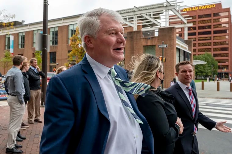 Labor leader John Dougherty leaves the federal courthouse in Center City at conclusion of Tuesday’s testimony in his corruption trial with City Councilmember Bobby Henon.
