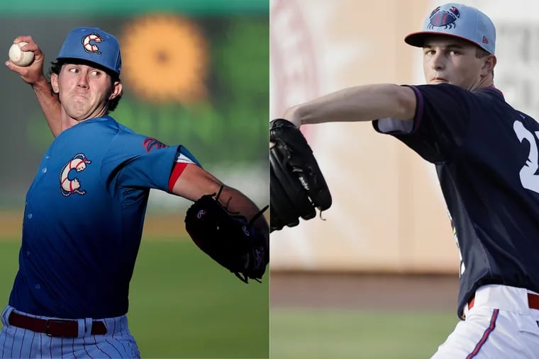Right-handed pitchers Andrew Painter, left, and Mick Abel were the Phillies' first-round draft picks in 2021 and 2020, respectively. They are the top two prospects in a pitching-heavy farm system.