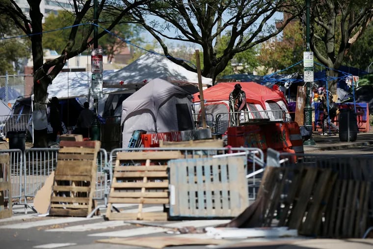 The homeless encampment on the Benjamin Franklin Parkway in Philadelphia on Wednesday, Sept. 23, 2020. Police said a 28-year-old man was critically injured after being stabbed there Tuesday night, Sept. 22.