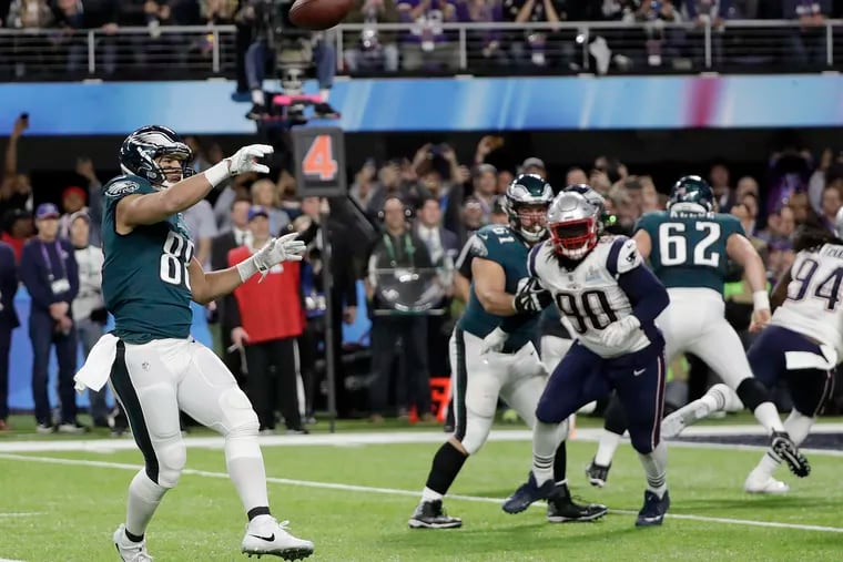 Trey Burton throws a touchdown pass to quarterback Nick Foles on the memorable "Philly Special" play in Super Bowl LII.