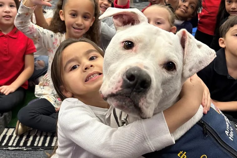 Cole the Deaf Dog, who has learned commands in American Sign Language, is a hero to many of the schoolchildren he visits. He is here with some of his friends at Dr. William Mennies Elementary School in Vineland, where his owner Chris Hannah is a music teacher.