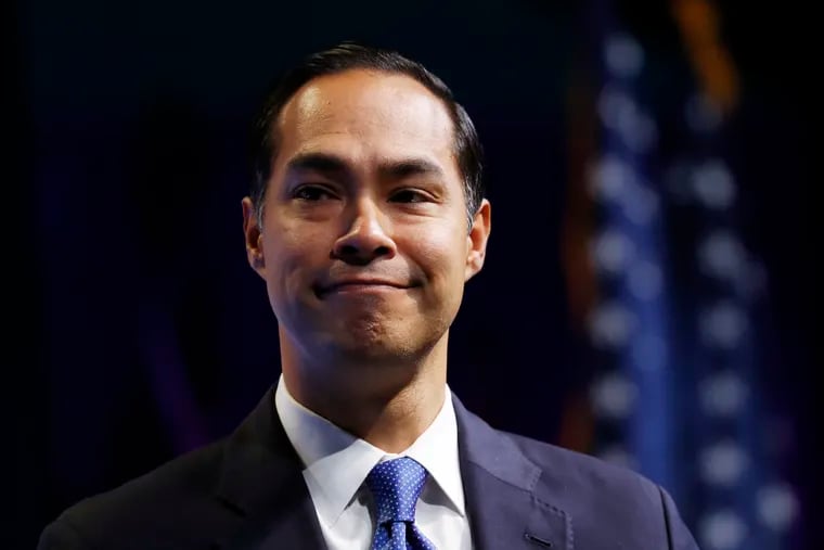 FILE - In this Oct. 28, 2019 file photo, former Housing and Urban Development Secretary and Democratic presidential candidate Julian Castro speaks at the J Street National Conference in Washington.