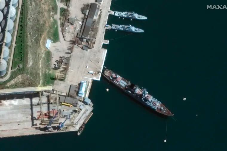 This satellite image provided by Maxar Technologies shows cruiser Moskva in port Sevastopol in Crimea on April 7.