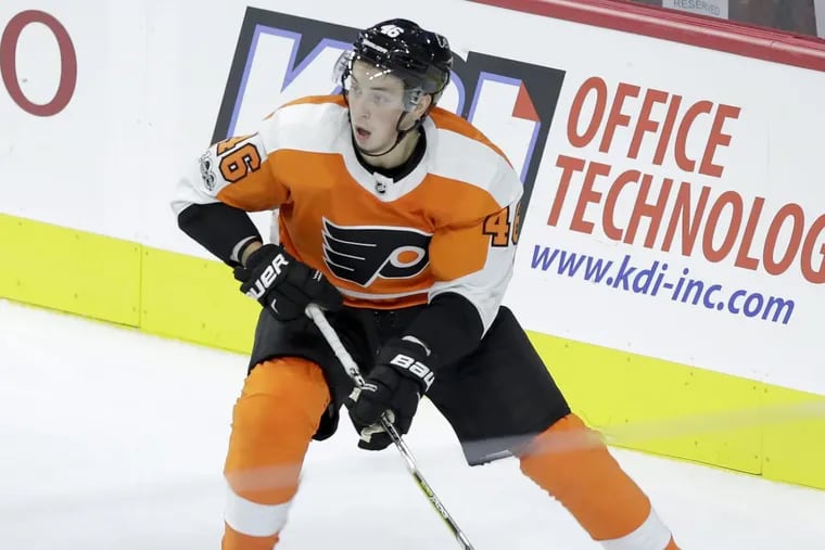 Mikhail Vorobyev, shown playing for the Flyers in a preseason game against the Islanders last Sept. 13, scored a goal Sunday for the Phantoms but it wasn’t enough in a 3-2 overtime loss to Toronto in an AHL playoff game.