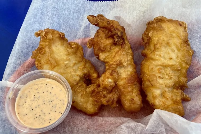 The new twice-fried chicken tenders, with Everything Rooster sauce, from Federal Donuts.