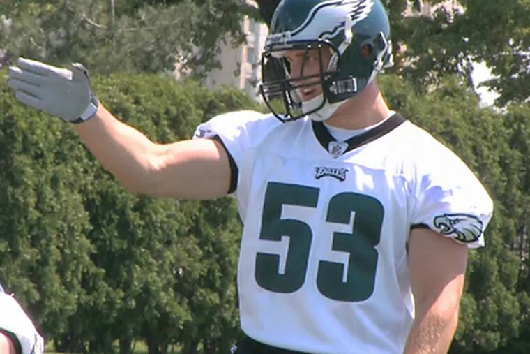 Wheaton College's Andy Studebaker made his Eagles debut at linebacker during rookie camp this week. (Mike Levin / Inquirer)