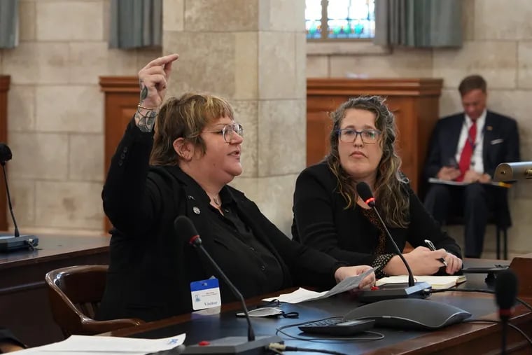 Caitlin O'Neill, director of harm reduction services at the New Jersey Harm Reduction Coalition, and Jenna Mellor, the executive director of the coalition, testify at a state Senate hearing Monday, Feb. 13, 2023, over harsher penalties for selling and possessing fentanyl.