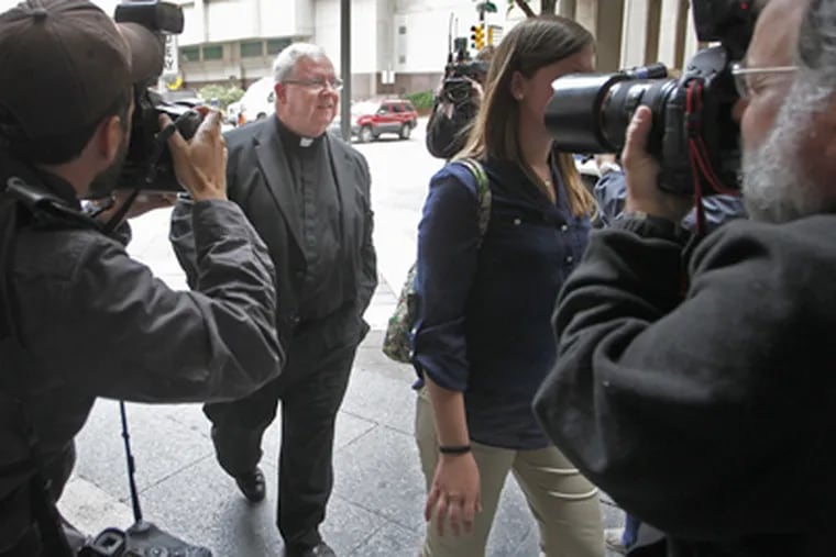 Monsignor William Lynn arrives at the Criminal Justice Center in Philadelphia during a jury question Tuesday afternoon June 5, 2012. Monsignor Lynn is accused of covering up for the alleged abuses by priests, while Rev Brennan (not shown)  is accused of attempted rape of a minor. ( ALEJANDRO A. ALVAREZ / STAFF PHOTOGRAPHER )
