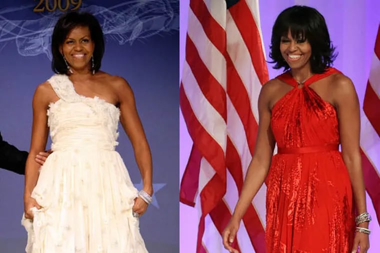 This combo image shows first lady Michelle Obama as she arrives at the Inaugural Ball in Washington on Jan. 21, 2009, left, and Jan. 21, 2013, right. Michelle Obama made it a fashion tradition Monday night, wearing a custom-made Jason Wu gown to the inaugural balls. The ruby-colored dress was a follow-up to the white gown Wu made for her four years ago when she was new to Washington, the pomp and circumstance, and the fashion press. (AP Photos/Jacquelyn Martin, Pablo Martinez Monsivais)