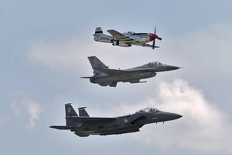 No problem with anachronism here: A WWII-era P-51 Mustang (from top) shares the sky with an F-16 and an F-15 Eagle.