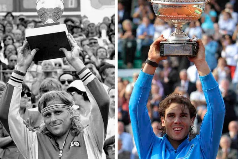 Then and now: At left, Sweden's Bjorn Borg raised the trophy in 1980 after winning one of his six French Open titles. At right, Rafael Nadal rejoices after tying Borg's record with his sixth crown.