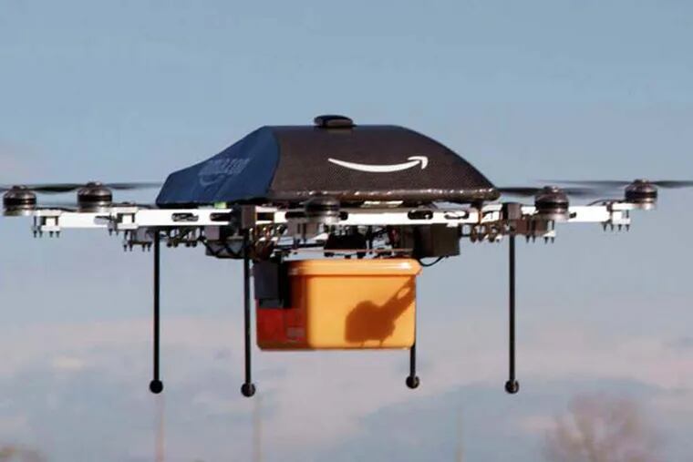 This undated image provided by Amazon.com shows the so-called Prime Air unmanned aircraft project that Amazon is working on in its research and development labs. Amazon says it will take years to advance the technology and for the Federal Aviation Administration to create the necessary rules and regulations, but CEO Jeff Bezos said Sunday Dec. 1, 2013,  there's no reason Drones can't help get goods to customers in 30 minutes or less. (AP Photo/Amazon)