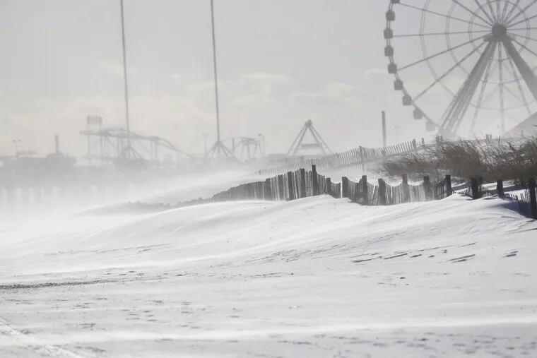 Not a soul on the beach or the boardwalk near the Steel Pier a day after a bomb cyclone brought a foot of snow and high winds to the region on Thursday.