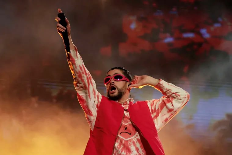 Bad Bunny performing on the Rocky Stage during the Made in America 2022 festival on the Ben Franklin Parkway in Philadelphia on Sept. 4, 2022.