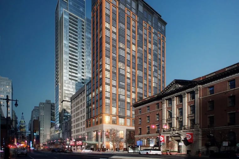 Artist’s rendering of the hotel-and-apartment building known as the Hyde that had previously been planned for the corner of Broad and Pine Streets.