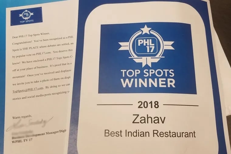 PHL 17 sent this notification to Zahav restaurant about its award as a Top Spots winner.