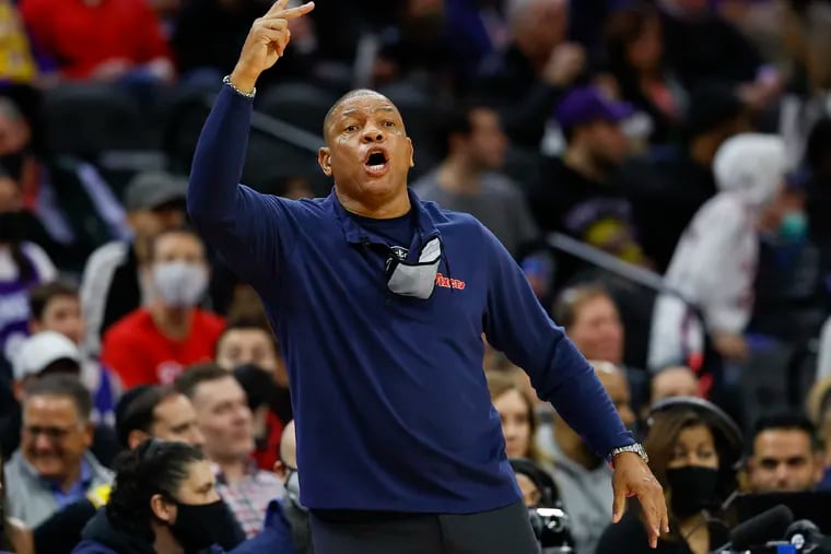Sixers Head Coach Doc Rivers yells to his team during the first quarter against the Los Angeles Lakers on Thursday, January 27, 2022 in Philadelphia.