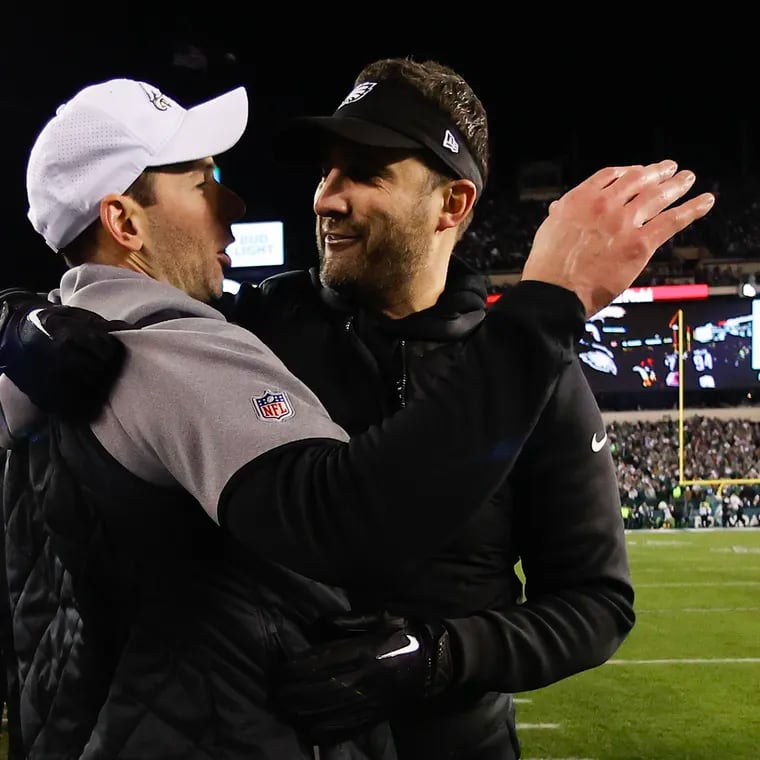 Eagles Head Coach Nick Sirianni and defensive coordinator Johnathan Gannon embrace late in the game against the San Francisco 49ers for the NFC Championship title at Lincoln Financial Field on Sunday, January 29, 2023 in Philadelphia.