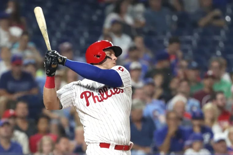 Logan Morrison of the Phillies bats against the Cubs at Citizens Bank Park on Aug. 14, 2019.
