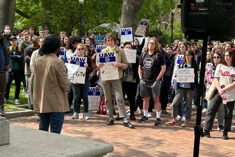 Raghu Arghal, a Ph.D. student at University of Pennsylvania, spoke to fellow student workers at a GET-UP rally on April 26 about why he wants to form a union.