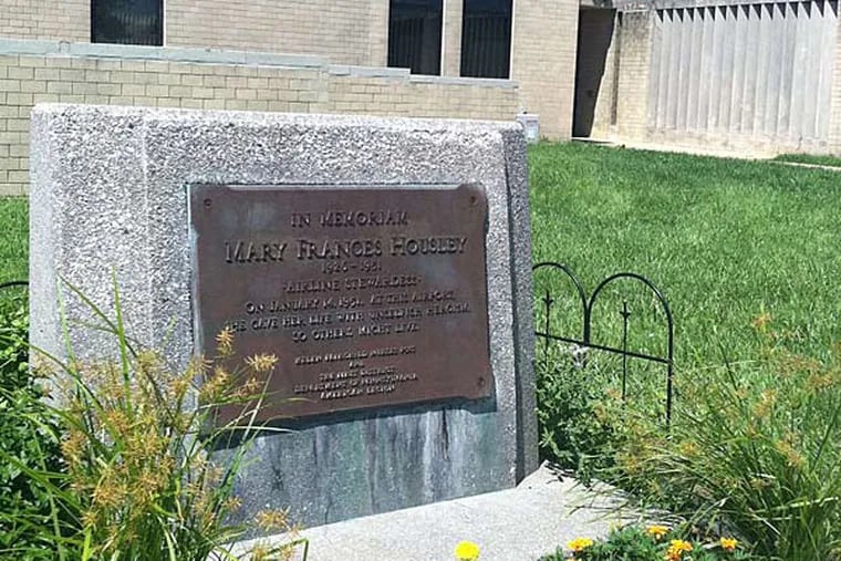 Engine 78 at the airport maintains this memorial to stewardess Mary Frances Housley, but it remains invisible to the public because of its out-of-the-way location. (Stu Bykofsky/Staff)