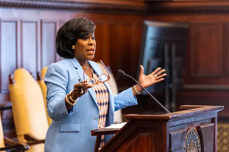Mayor Cherelle L. Parker speaks before the swearing in for the School Board members at City Hall on May 1. Her first budget proposal does not include funding to redevelop the former site of the University City Townhomes.