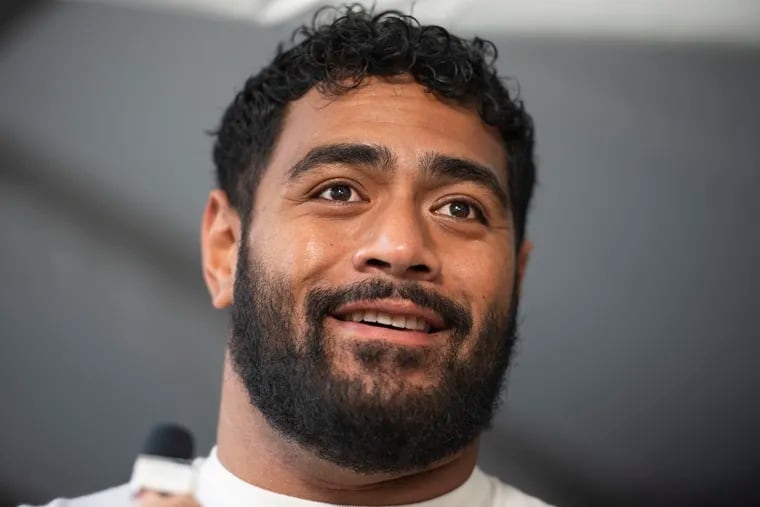 Jordan Mailata, Eagles offensive tackle, speaks with media at the premier of Jason Kelce’s documentary at Suzanne Roberts Theater in Philadelphia on Friday, Sept. 9, 2023. The film, Kelce, is a feature-length documentary featuring Jason Kelce and the Eagles’ 2022-2023 season.
