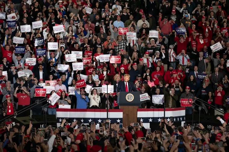 President Donald Trump speaks at his Keep America Great campaign rally in Wildwood, NJ on Tuesday, Jan. 28, 2020. Rep. Jeff Van Drew (R-NJ), who switched over to the Republican Party, joined him at the rally.