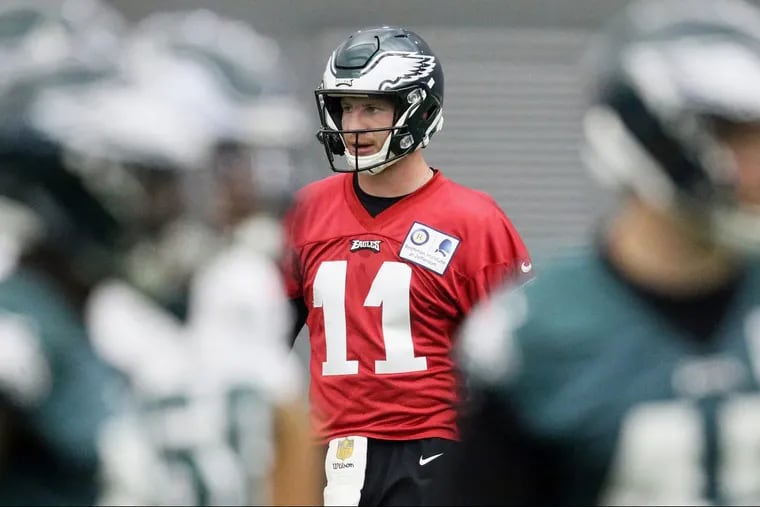 Eagles quarterback Carson Wentz during practice at the NovaCare Complex in South Philadelphia on Tuesday, May 22, 2018.