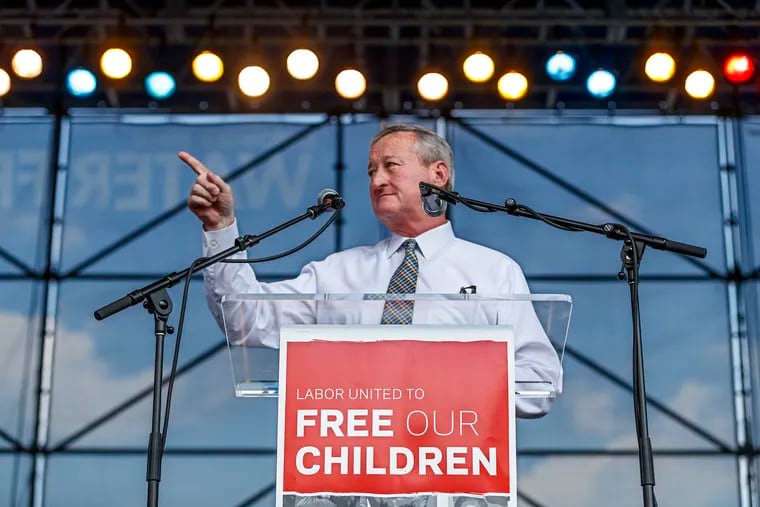 Philadelphia Mayor Jim Kenney addresses the huge cowd of union workers gathered at Penn's Landing on Agust 15, 2018, in protest against Trump's policy of family separation for immigrant families. MICHAEL BRYANT / Staff Photographer