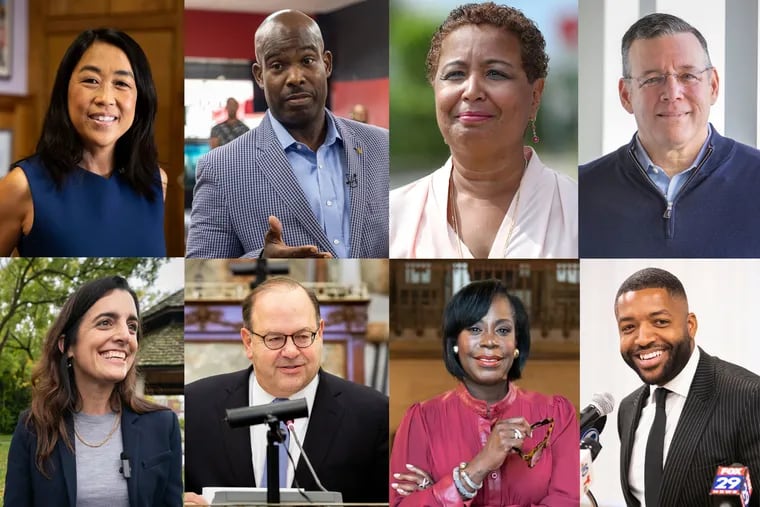 Democrats running for Philadelphia mayor in 2023 include (top, from left) Helen Gym, Derek Green, Maria Quiñones Sánchez, and Jeff Brown; (bottom, from left) Rebecca Rhynhart, Allan Domb, Cherelle Parker, and Amen Brown.