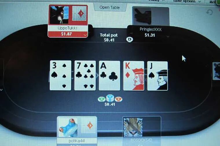 A computer screen in Atlantic City N.J. shows a game of online poker in progress Nov. 19, 2013 on the global partypoker.com site. The site's parent company, bwin.party, is partnered with Atlantic City's Borgata Hotel Casino & Spa and will begin offering a test of Internet gambling to New Jersey residents on Nov. 21. Company officials say the global site is very similar to what New Jersey residents will experience when they log on. (AP Photo/Wayne Parry)