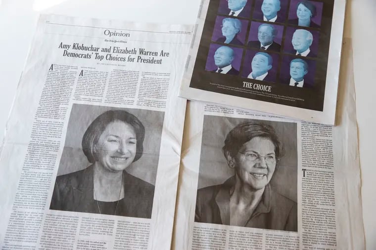 The Jan. 20, 2020, edition of the New York Times, where they endorsed their picks for the Democratic nominee for president, photographed at the Philadelphia Inquirer office in Philadelphia, Pa., on Tuesday, Jan. 21, 2020. The Times endorsed Sens. Elizabeth Warren and Amy Klobuchar.