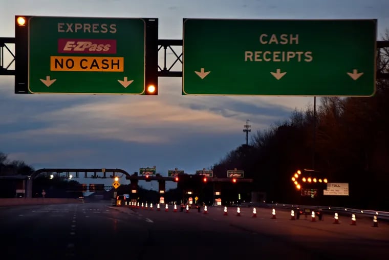 The "cash" lanes at the Mays Landing tolls on the Atlantic City Expressway are closed and traffic is being directed into the "E-ZPass only" lanes due to the coronavirus pandemic.