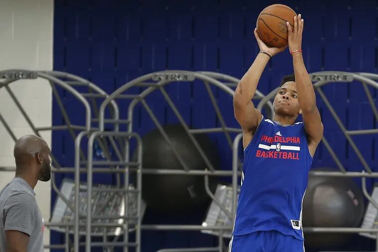 Markelle Fultz takes a shot at the Philadelphia 76ers mini-camp at training complex in Camden, NJ on June 30, 2017.